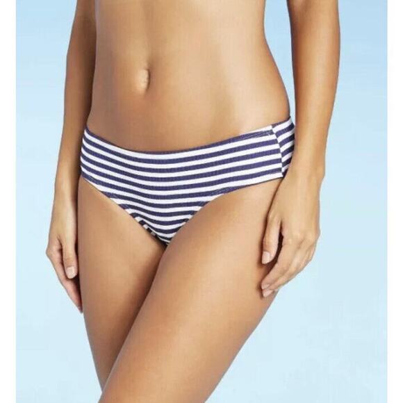 Juniors Ribbed Cheeky Hipster Bikini Bottom Loo- Xhilaration Navy Stripe XS 00 - Picture 1 of 12